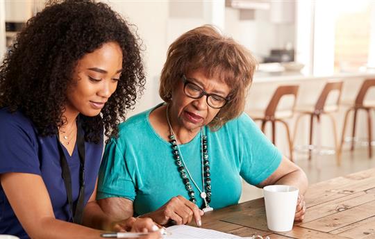 Female healthcare worker filling in a form with a senior woman during a home health visit